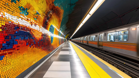 A vibrant mosaic tile wall art decorates a modern subway station as a train arrives, highlighting urban public art.の素材