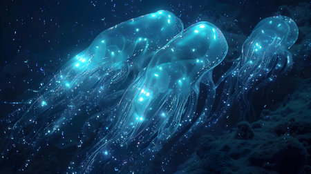 A group of ethereal glowing jellyfish gracefully moving through the dark depths of the ocean, illuminated by bioluminescence.の素材