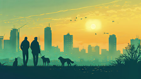 Two people and their dogs enjoy a sunset stroll with a vibrant city skyline in the background and birds returning home.の素材