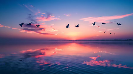 A flock of birds flies over a calm lake reflecting the vibrant colors of the sunset, creating a peaceful and picturesque scene.の素材