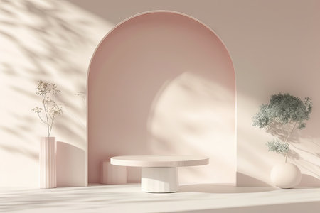 A serene minimalist scene featuring a white podium, a soft arch backdrop, and delicate shadows cast by gentle lighting, evoking tranquility and simplicity.の素材