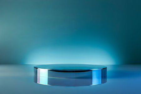A futuristic reflective podium stands prominently, casting a cool blue gradient, creating a sleek and modern atmosphere for showcasing products.の素材