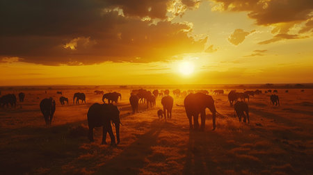 A herd of elephants roams across the savannah under a striking sunset, with the vibrant colors of the sky casting a warm glow over the landscape.の素材