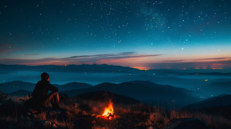 An individual sits by a campfire, gazing at a star-filled sky above a sea of mountain mists at twilight.の素材