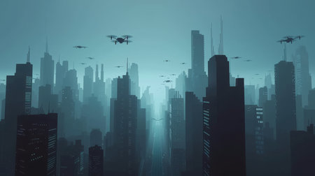 Misty rays of light filter through a dystopian cityscape as drones hover silently in the early morning haze.の素材