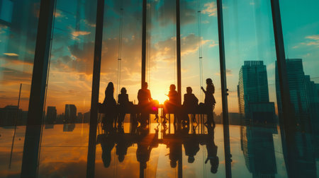 A group of professionals engaged in a meeting inside a high-rise building against the backdrop of a sunset.の素材