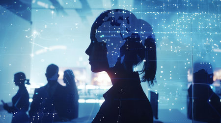 Silhouette of a woman's profile overlaid with a digital world map, representing global connectivity and data network.の素材