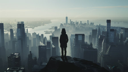 A lone person stands on a high vantage point gazing over a city shrouded in morning mist, evoking contemplation.の素材