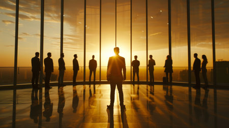 One individual stands facing the camera with a team lined up in the background, inside an office with a sunset view.の素材