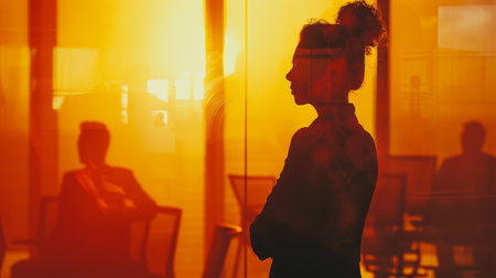 Silhouette of a thoughtful woman in a sun-drenched office, with shadows of colleagues in the background.の素材