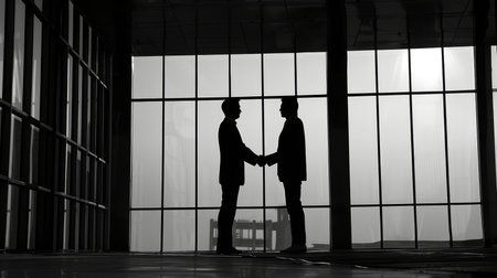 Silhouette of two businessmen shaking hands in an office, symbolizing a corporate agreement with a backdrop of large windows and ambient light.の素材