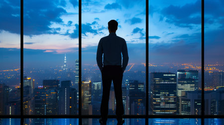 A solitary executive stands at a large window, gazing out at the sprawling cityscape as twilight descends.の素材