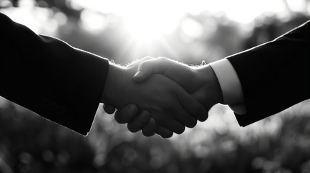 Close-up of a firm handshake between two professionals backlit by bright sunlight, symbolizing trust and agreement.の素材