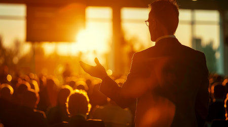 Backlit silhouette of a confident speaker addressing an attentive audience during a corporate conference at sunset.の素材