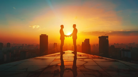 Two professionals seal a business deal with a handshake on a rooftop, against the backdrop of a city skyline at sunset.の素材