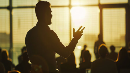 A keynote speaker makes a gesturing point to an audience in a seminar room backlit by the setting sun.の素材