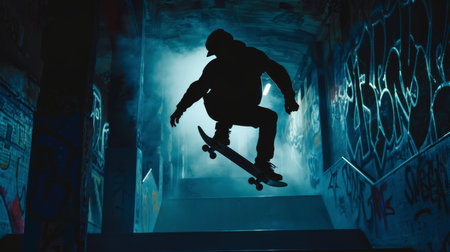 Silhouette of a skateboarder executing a mid-air trick in a graffiti-filled urban skatepark, surrounded by atmospheric blue lighting.の素材