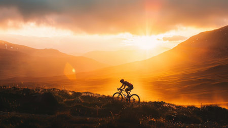 A mountain biker conquers the terrain as the sun sets, casting a fiery glow over the vast mountain landscape, symbolizing determination and adventure.の素材