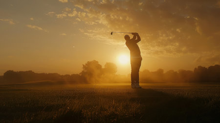 An early morning golfer takes a swing, silhouetted against the rising sun, with mist hanging over the tranquil golf course.の素材