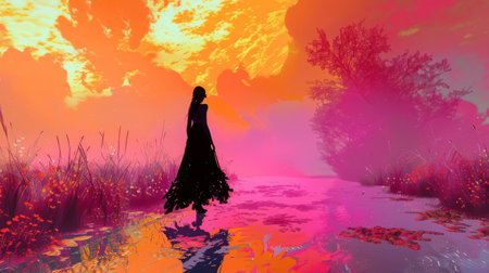 A solitary figure stands before a surreal landscape bathed in the warm glow of a sunset, reflecting in a tranquil water surface.の素材