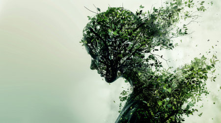 A conceptual double exposure image blending a human profile with lush green foliage, symbolizing a harmony between the mind and nature.の素材