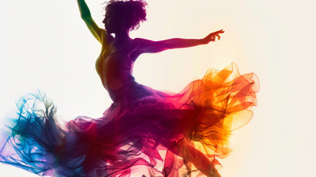 Dynamic silhouette of a female dancer captured in mid-motion, her colorful dress flowing gracefully against a bright, light background.の素材