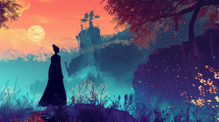 A dreamlike scene featuring a silhouetted figure observing a mystical landscape under a vibrant dusk sky with a full moon.の素材