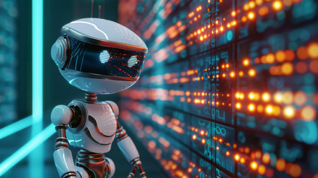 Futuristic robot with visual sensors analyzes glowing digital data screens in a high-tech environment.の素材
