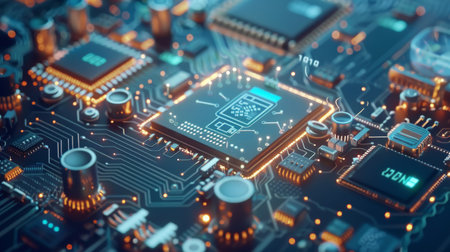 Close-up view of a futuristic circuit board with illuminated lines and components, symbolizing high-tech electronics.の素材
