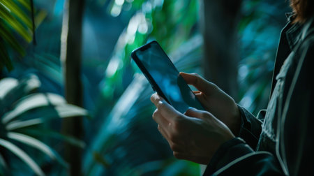 Close-up of a person's hands holding a smartphone among vibrant green foliage, highlighting the blend of technology and nature.の素材