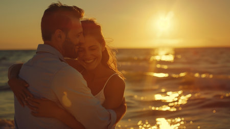 A loving couple shares a warm embrace, basking in the golden glow of the sunset on a tranquil beach.の素材