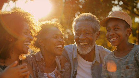 A multi-generational African American family shares a joyous moment during a beautiful sunset.の素材