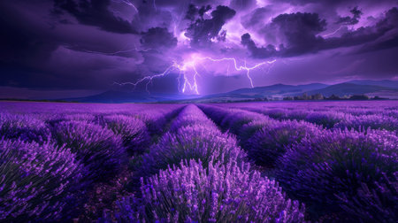 Lightning forks through a twilight sky, casting an otherworldly glow on the sprawling purple lavender fields below.の素材