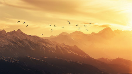Birds glide gracefully in the golden light of sunset, with the backdrop of rugged, snow-dusted mountain peaks.の素材