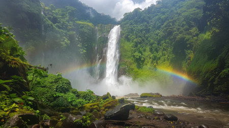 A breathtaking tropical waterfall cascades down a cliff, creating a vibrant rainbow in the misty air of a lush green forest.の素材