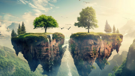 A split floating island with a lush waterfall connecting the two halves, under a soft sky with birds in flight and distant mountains.の素材