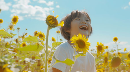 Joyful child in a field of sunflowers enjoying a sunny day, the epitome of happiness and freedom in nature.の素材