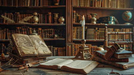 A renaissance-style study room filled with classic leather-bound books, an illuminated candle, and historical artifacts.の素材