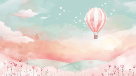 A solitary hot air balloon rises into a pastel dawn sky, floating gently over a serene landscape of blooming pink flowers.の素材