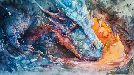 A fierce dragon's gaze is captured in vibrant watercolor, with flames reflecting in its eye, set against a tumultuous, abstract background.の素材