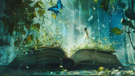 A captivating scene emerging from an open book, where fairies dance in a magical forest, surrounded by a flurry of sparkling lights.の素材