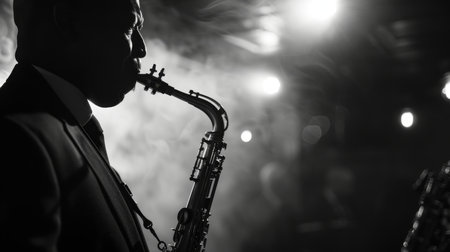 Silhouette of a male jazz musician playing the saxophone under a concert spotlight with a monochrome aesthetic.の素材