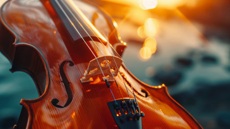 The detailed craftsmanship of a violin is highlighted by the radiant warmth of the sunset, with bokeh lights dancing in the background.の素材