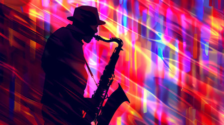 A striking silhouette of a saxophonist enveloped in vivid, dynamic light patterns that capture the energy and rhythm of a musical performance.の素材