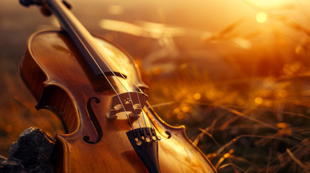 A beautifully crafted violin rests against a natural backdrop, basking in the warm, golden light of a setting sun.の素材