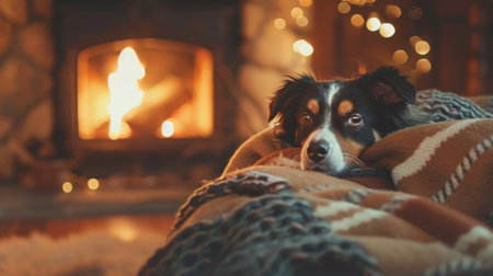 A Border Collie lies comfortably wrapped in a blanket, basking in the warm glow of a festive fireplace in a cozy home environment.の素材