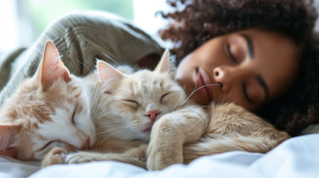 A woman shares a serene moment of rest with two ginger cats, their faces a picture of tranquility as they nap closely together.の素材
