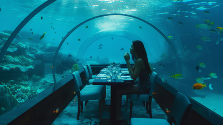 A diner enjoys a unique underwater restaurant experience, surrounded by the serene beauty of a coral reef teeming with colorful fish.の素材