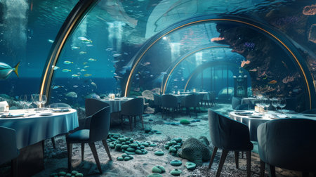 An exquisite underwater dining space surrounded by a mesmerizing marine life aquarium, creating an unforgettable elegant dining experience below the surface.の素材