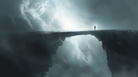 A solitary figure stands at the edge of a cliff overlooking a vast expanse of water mirroring the tumultuous sky, evoking deep contemplation.の素材